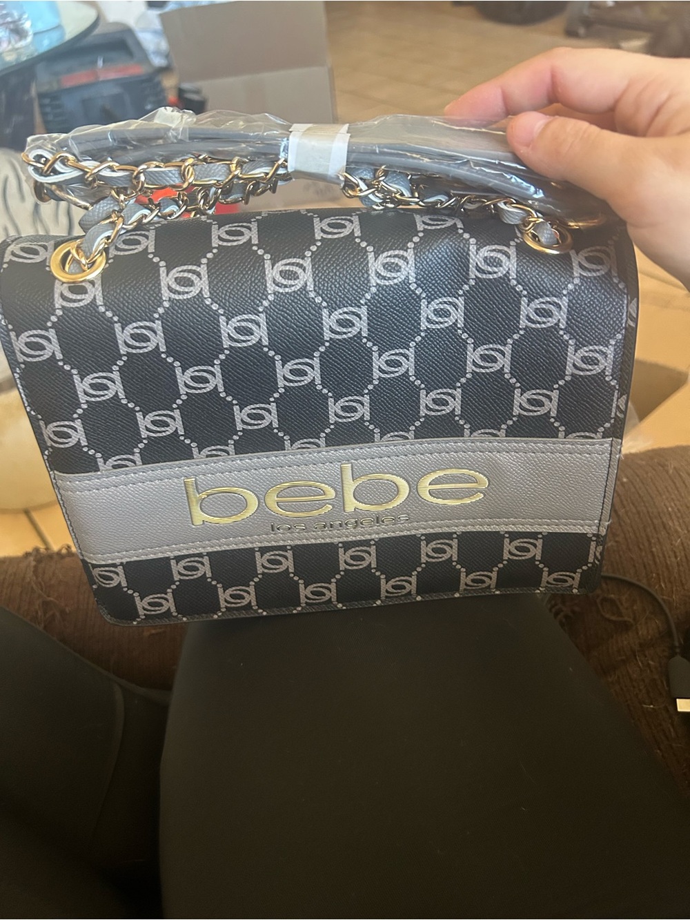 bebe Black & Gray Signature Chain Crossbody Bag